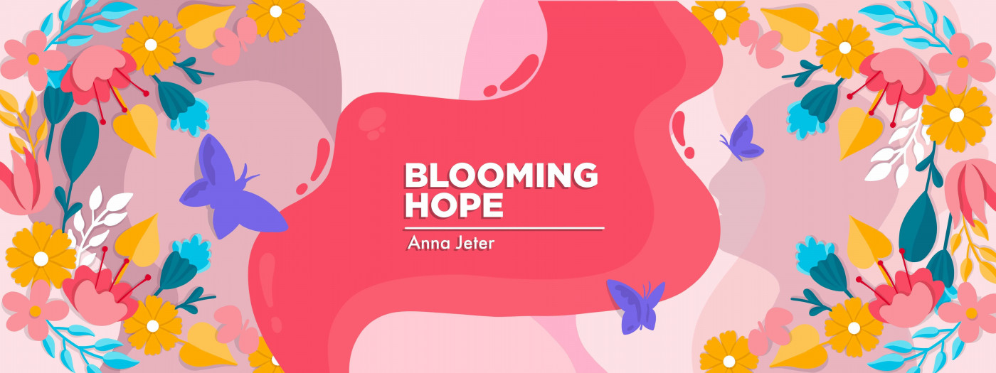 A column banner depicts colorful flowers against a pink background, with the words