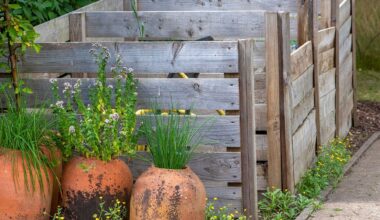 wooden compost bins with pot plants