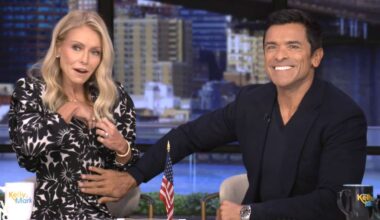 Mark Consuelos reaches over, rubs Kelly Ripa's torso after mic falls 'deep into the cleavage'