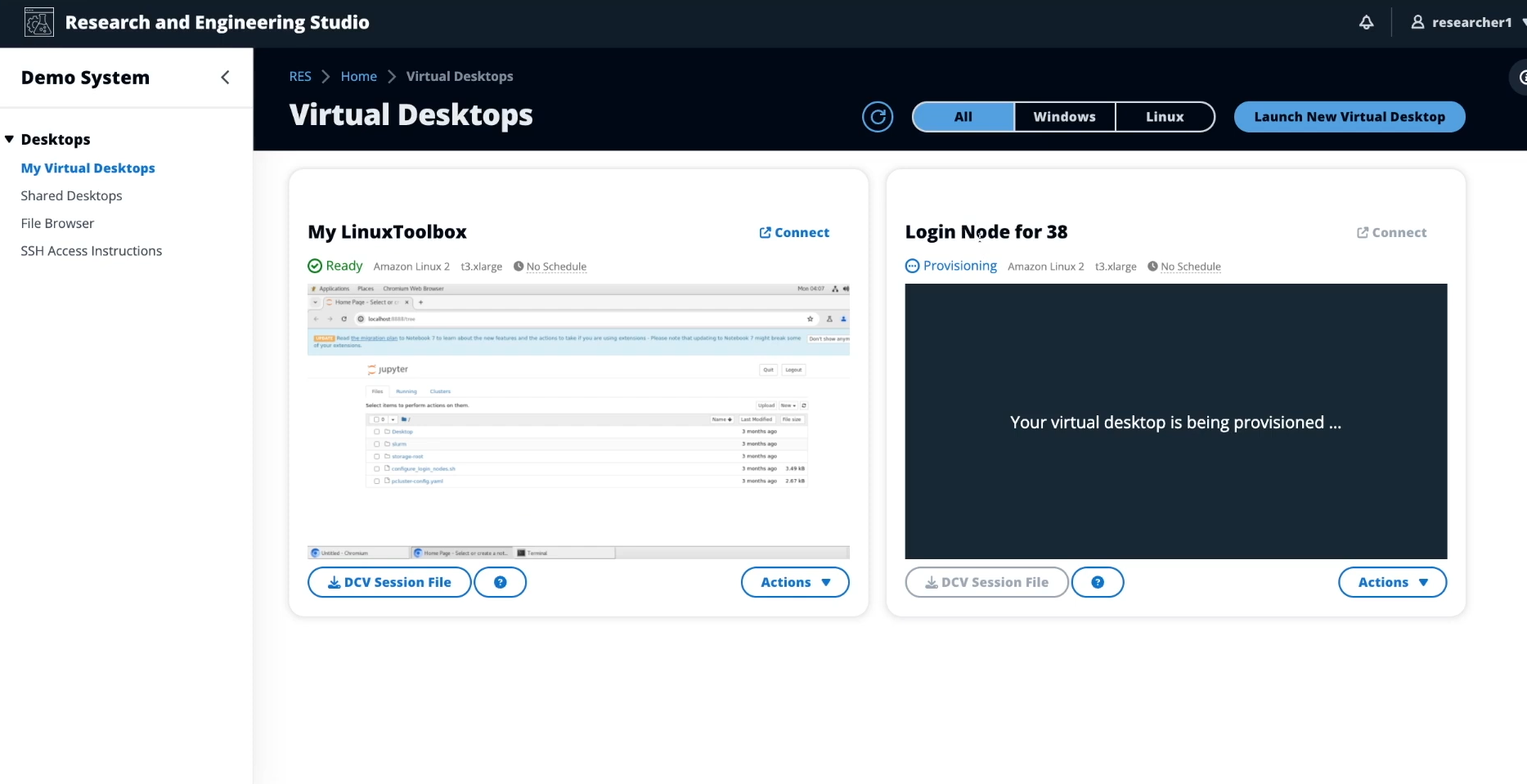 Figure 3 - Research and Engineering Studio (RES) is an AWS supported, open-source product that provides a single pane of glass for users to launch and connect to secure virtual desktops.