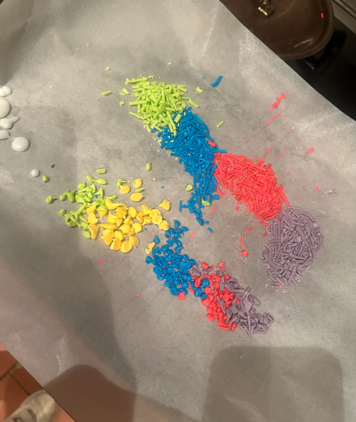 Green, blue, red, purple, and yellow sprinkles