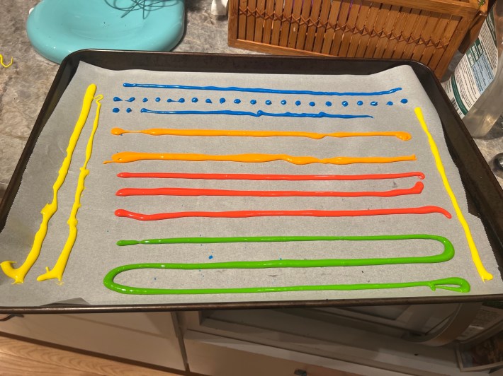 Lines and dots of colored sugar icing.