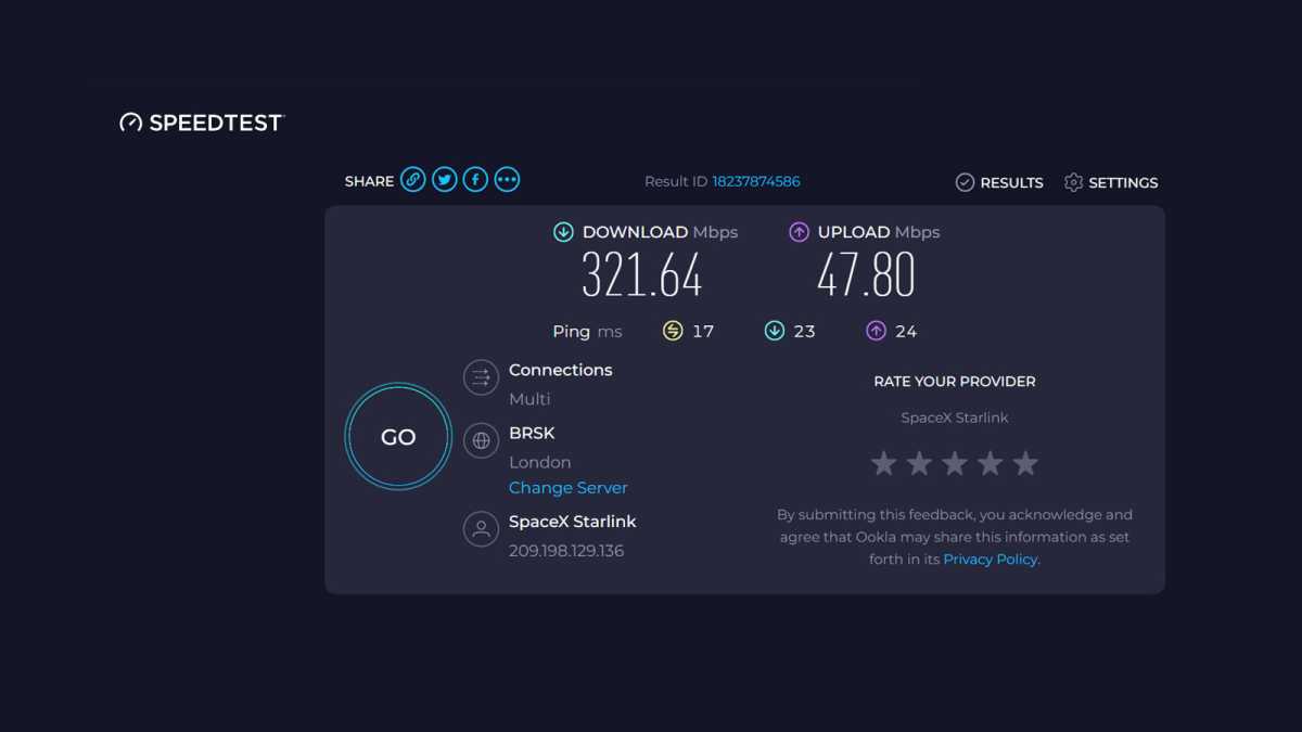 Starlink download upload speed metrics via Speedtest