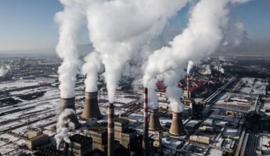 Aerial view of coal fired power station in winter.