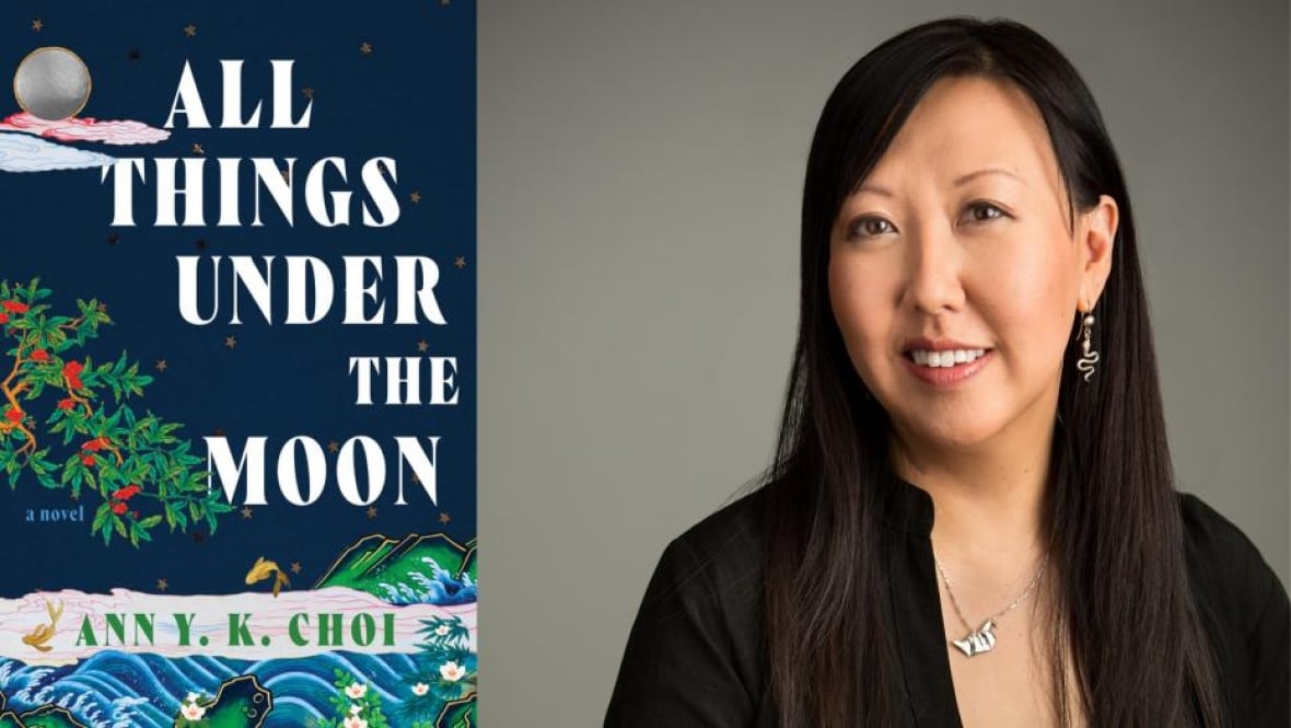 A book cover of a river, trees and mountains. A woman with long black hair smiling.