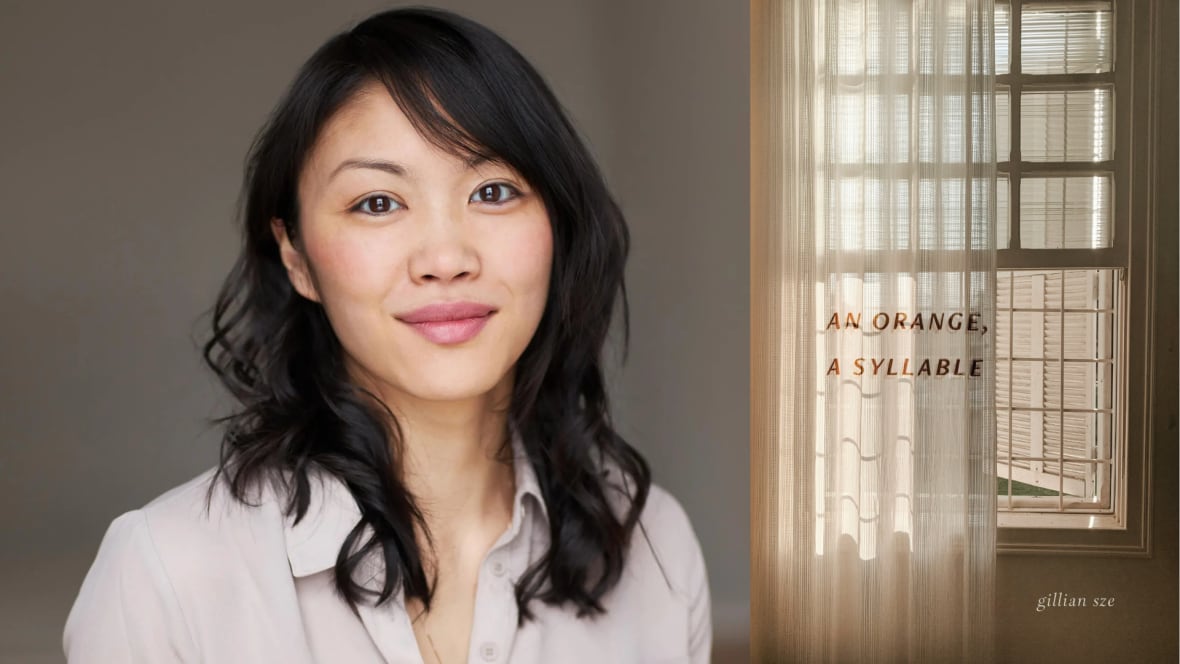 A composite image featuring a portrait of an Asian woman smiling into the camera beside a book cover featuring an open window half-covered with a sheer curtain. 