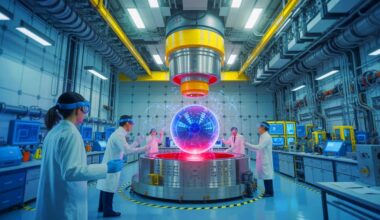 Illustration of Chinese scientists achieving a world record in superconducting magnet technology.