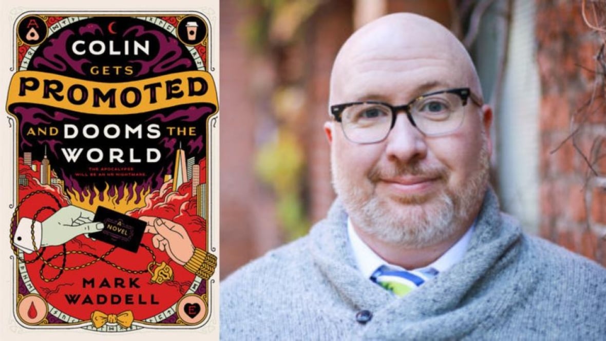 An illustrated book cover featuring two hands and a city on fire. A headshot of a bald man wearing glasses.