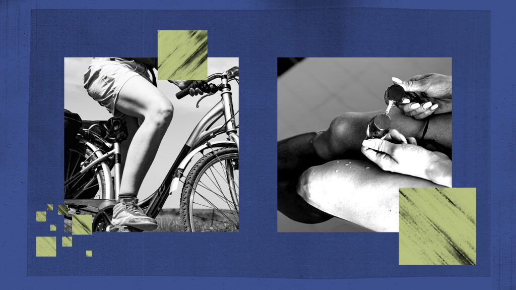 A collage of two pictures of a person cycling and a person's knee to depict knee osteoarthritis