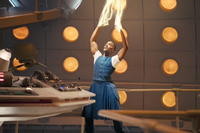 Ncuti Gatwa's Doctor firing his regeneration energy into the air in the TARDIS.