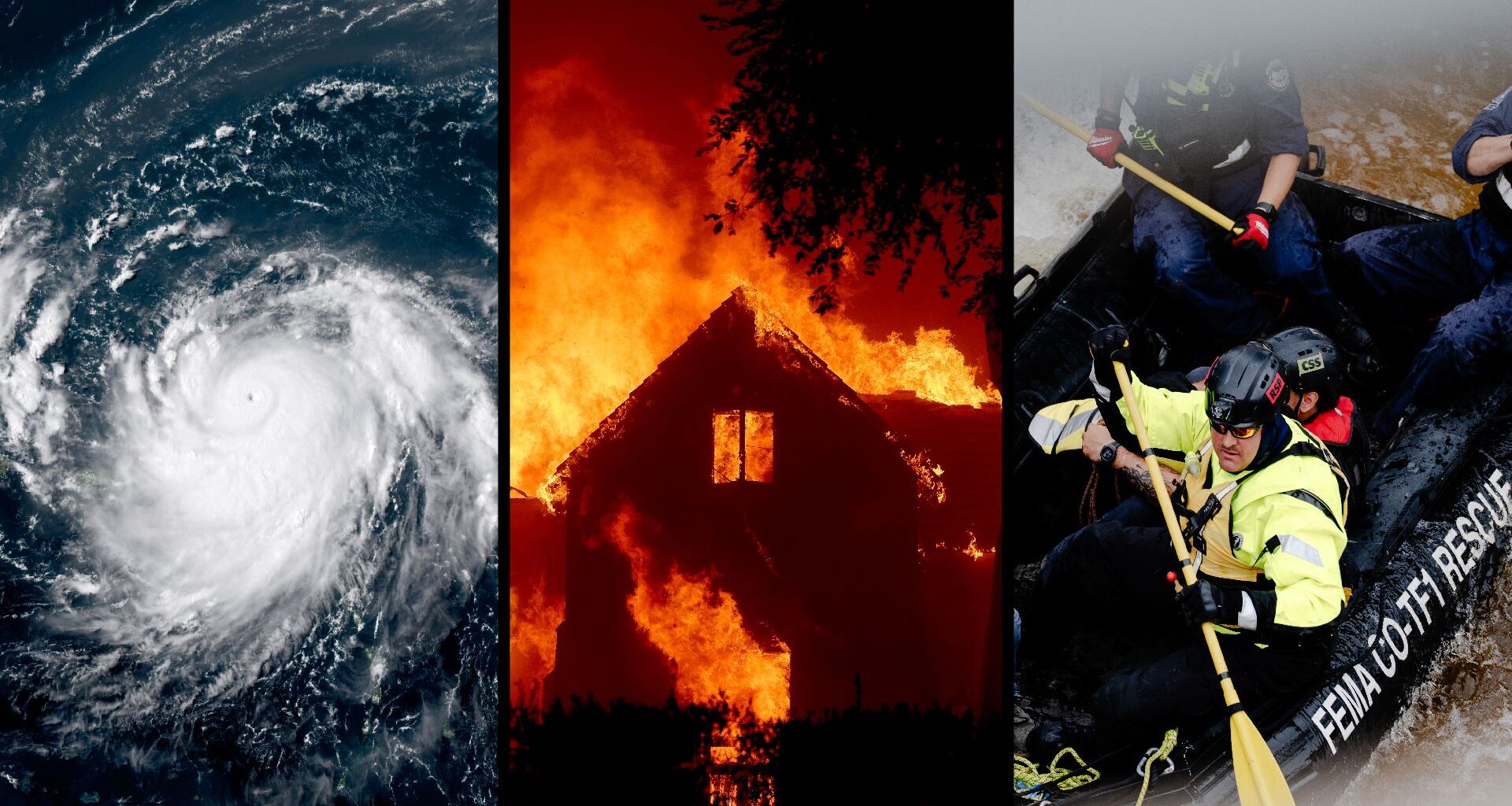 A three-paneled image showing a satellite photo of a hurricane, a house on fire, and flood rescue workers on a raft