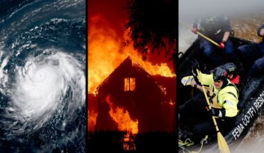 A three-paneled image showing a satellite photo of a hurricane, a house on fire, and flood rescue workers on a raft