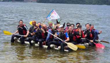 NHG Health group chief executive officer Joe Sim (left) at a bonding camp. Professor Sim actively participates in NHG Health’s leadership training sessions.