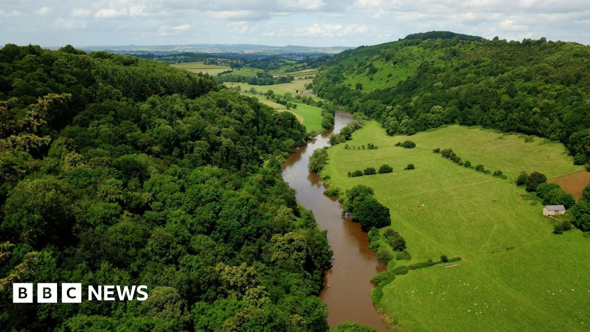 The River Wye, seen from Symonds Yat Rock in Symonds Yat, Herefordshire, near the border with Gloucestershire and Monmouthshire, Wales. On the left is Huntsham Hill, and Coppet Hill is on the right, with the village of Goodrich just visible in the background.