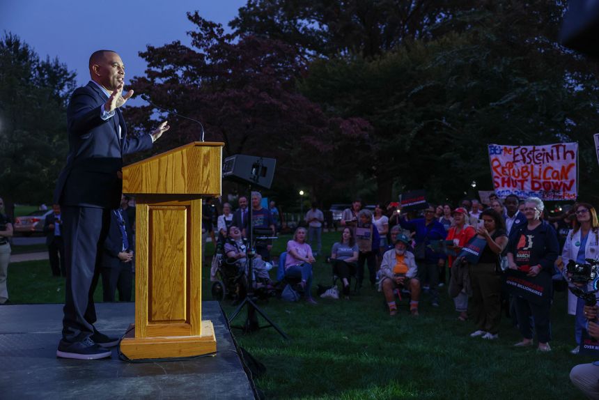 House Minority Leader Hakeem Jeffries speaks at a Health Care Over Billionaires Rally at the US Capitol on Tuesday, September 30, in Washington, DC.