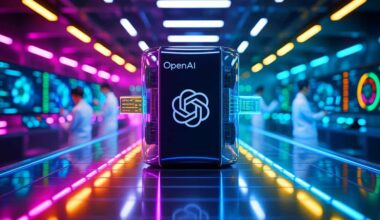 Illustration of the OpenAI logo and a Google quantum computer.