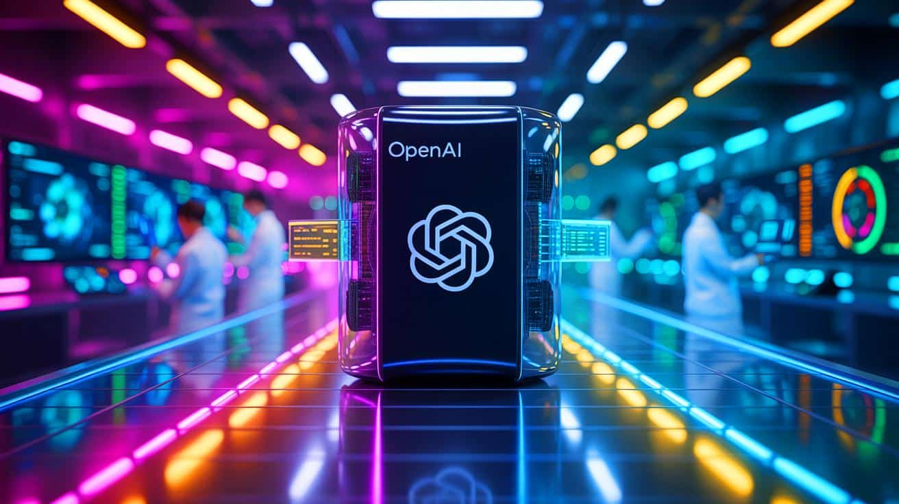 Illustration of the OpenAI logo and a Google quantum computer.