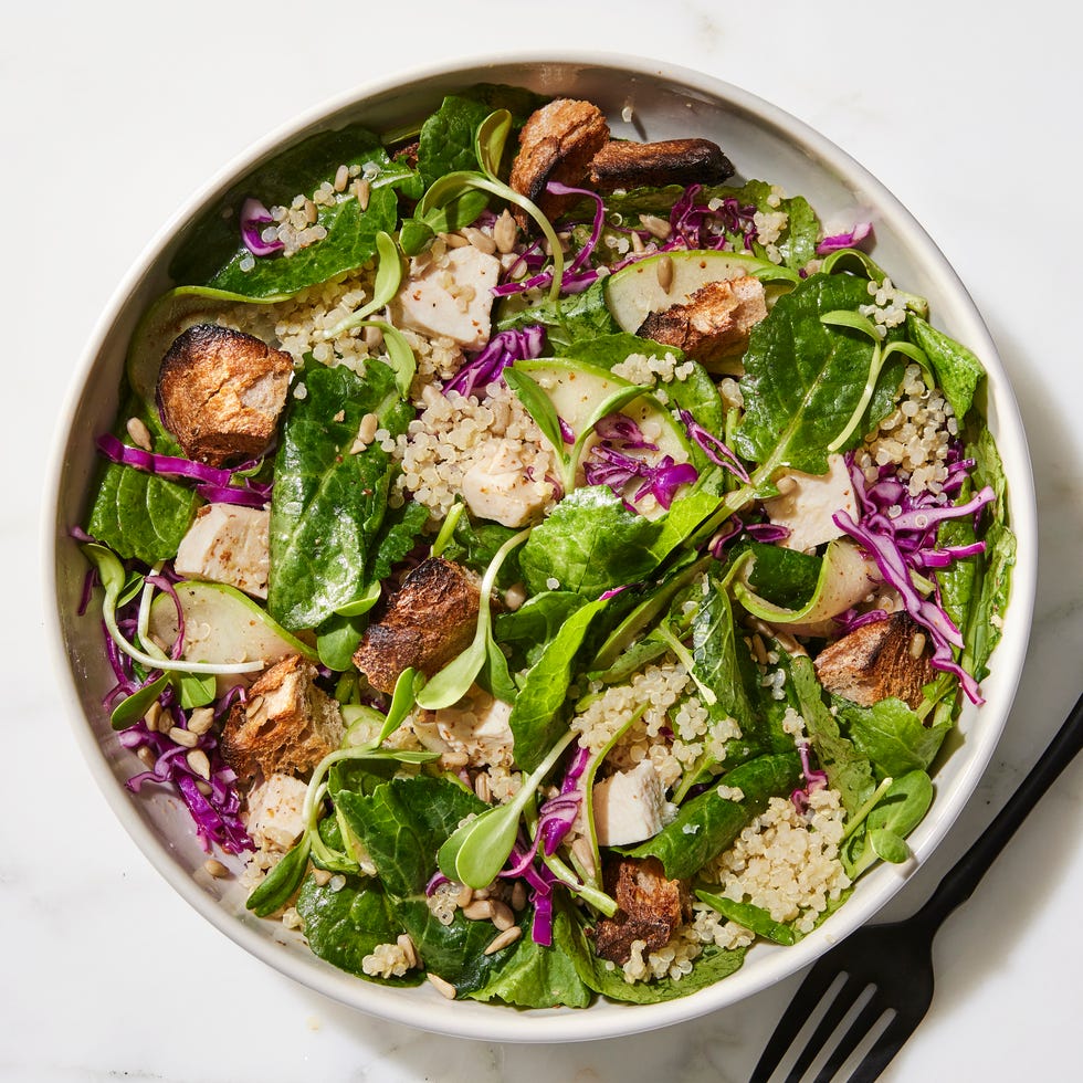 chicken quinoa salad with rye croutons