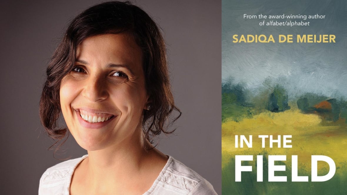 A photo composite of a woman with her brown hair in a bun on the left and a book cover of a painted gray sky and grass on the right. 