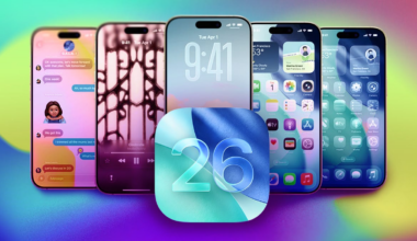Several iPhones in a row with the image 26 in front.