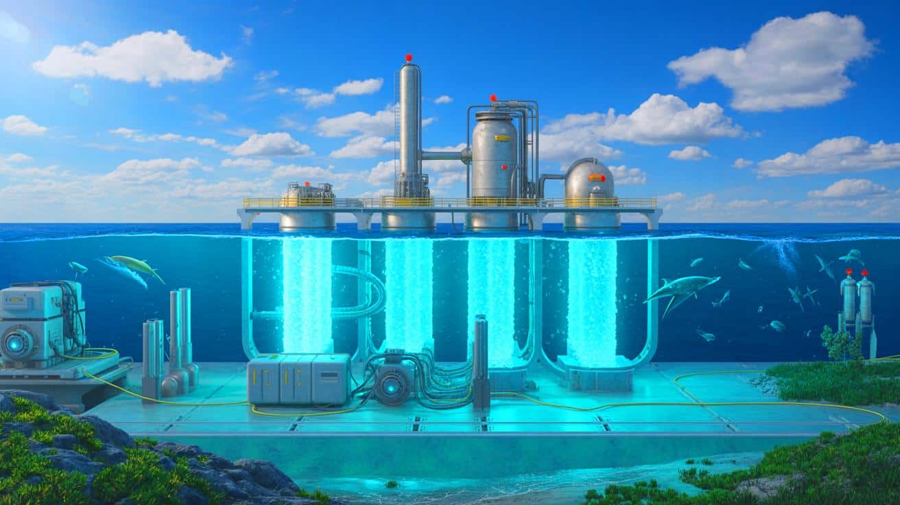 Illustration of the artificial ocean carbon recycling system capturing and converting oceanic CO2 into drop-in biochemicals.