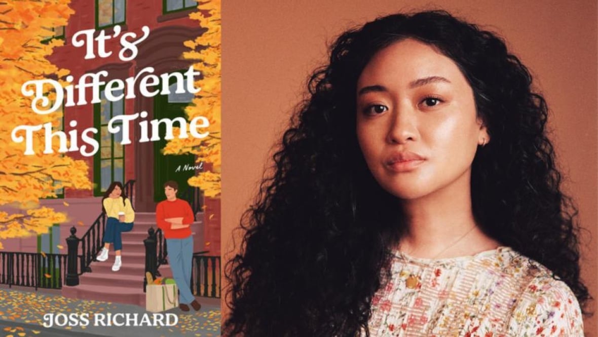 A cartoon book cover of a man and a woman in front of a New York brownstone. An author headshot of a woman with long curly black hair.