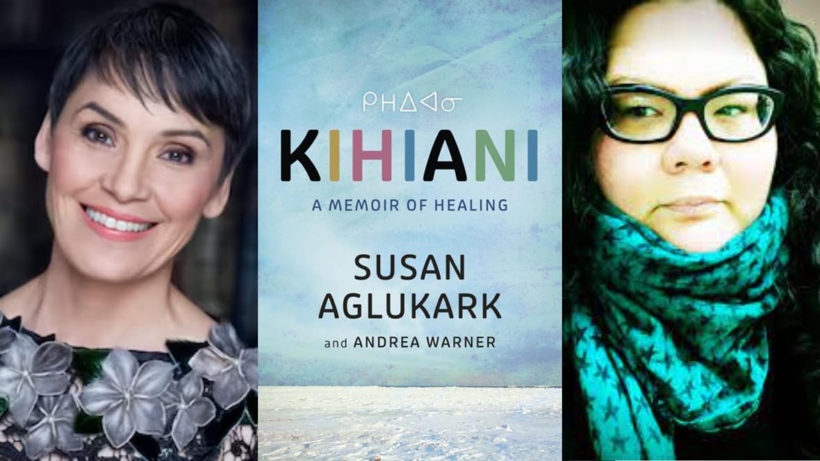 A photo composite with a book cover that features a blue sky and snowy ground in the middle and on the left is an author headshot photo of a woman with short black hair and on the right is an author photo of a woman wearing black glasses wearing a turquoise scarf. 