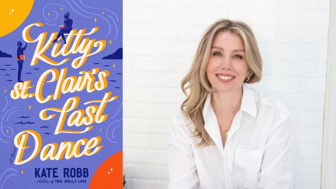 A book cover with a man figure looking up at a woman figure reading a book and a headshot photo of a woman with long blonde hair. 