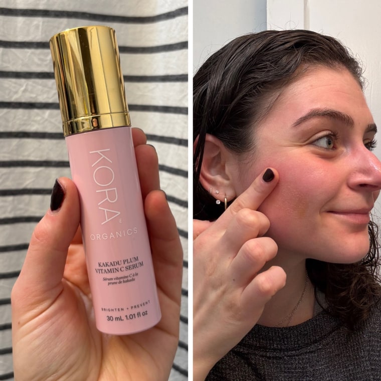 Left: Malin holding the Kora Organics Vitamin C serum against a black and white striped background.
Right: Malin applying the Kora Organics Vitamin C serum to her face using her right index finger.