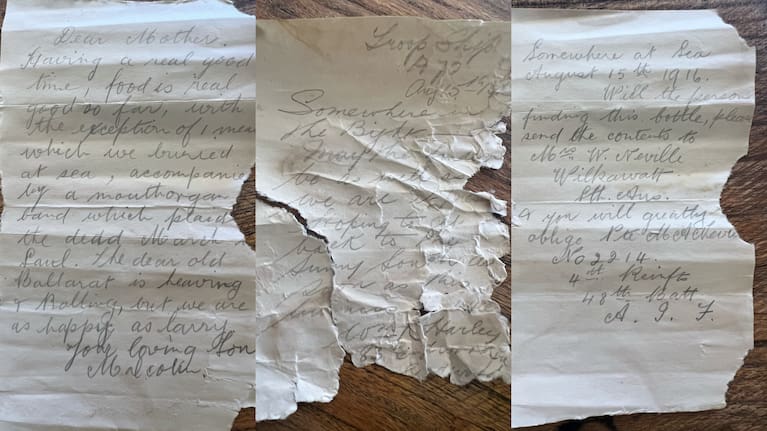 Letters discovered in a bottle on a Western Australian beach.