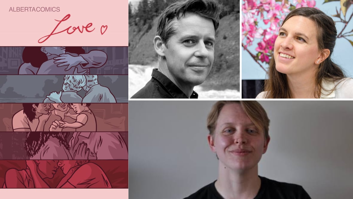 A composite image of an illustrated pink book cover featuring various people hugging beside three portraits of the authors. 