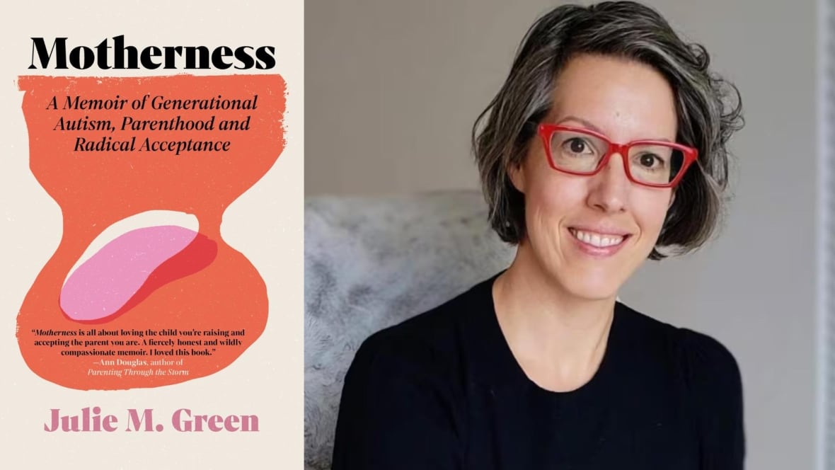 The book cover with an orange and pink illustration and the author: a woman with short hair smiling at the camera, wearing red rimmed glasses and a black sweater