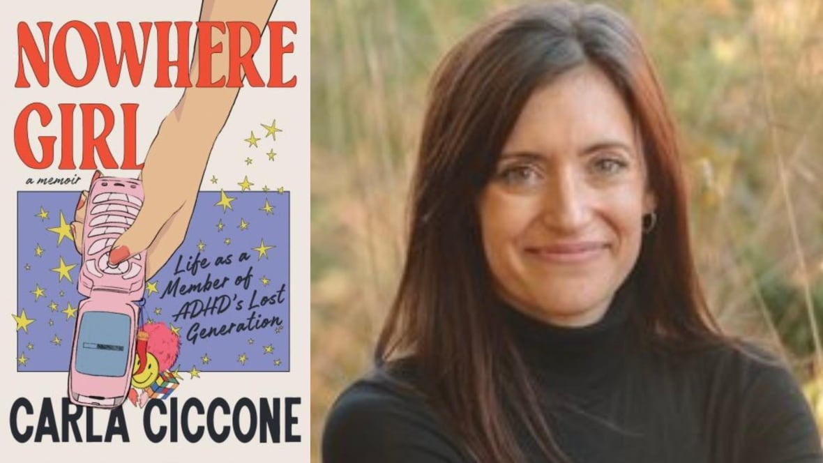 A photo composite of a book cover of a hand holding a cellphone and on the right is an author headshot of a woman with long brown hair. 