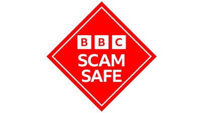 A red and logo in a diamond shape on a white background with the words BBC Scam Safe