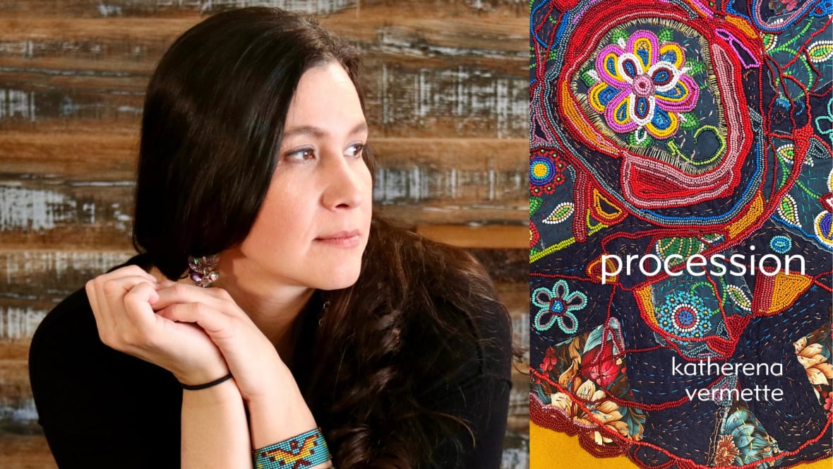 A composite image of an Indigenous woman looking to the left of the frame beside a book cover featuring colourful Indigenous beadwork.