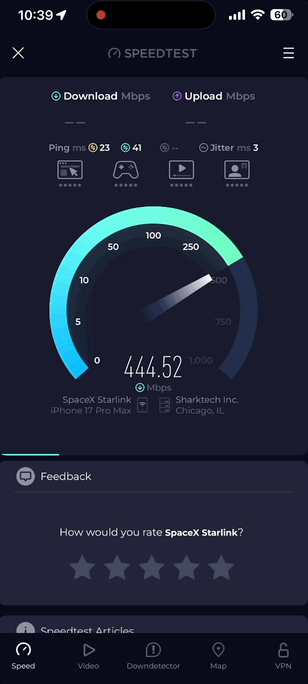 United Airlines Starlink Speedtest