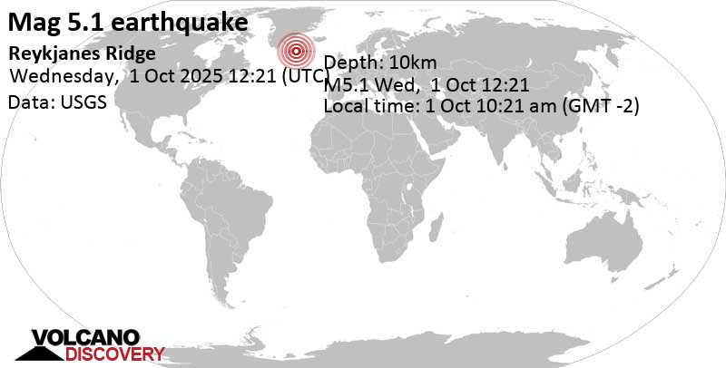 5.1 quake Reykjanes Ridge Oct 1, 2025 10:21 am (GMT -2)