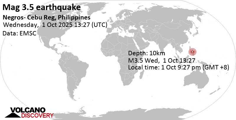 3.5 quake Negros- Cebu Reg, Philippines, Oct 1, 2025 09:27 pm (Manila time)