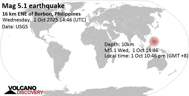 5.1 quake 16 km ENE of Borbon, Philippines, Oct 1, 2025 10:46 pm (Manila time)