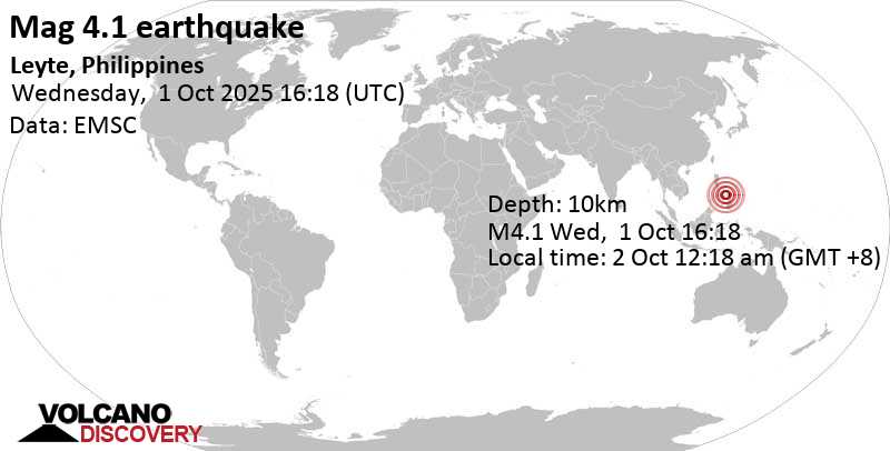 4.1 quake Leyte, Philippines, Oct 2, 2025 12:18 am (Manila time)