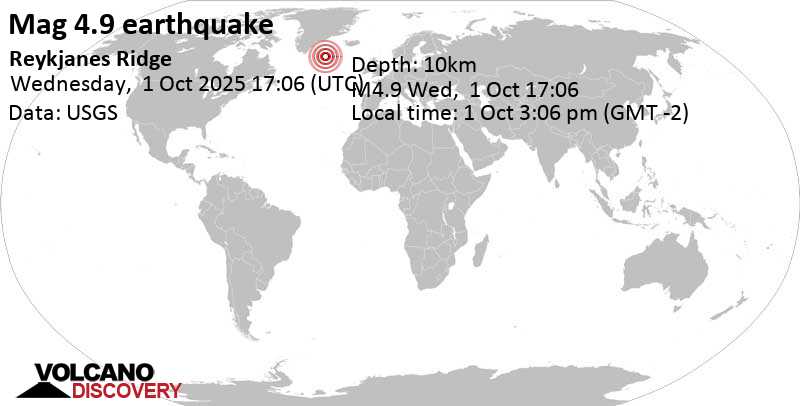 4.9 quake Reykjanes Ridge Oct 1, 2025 03:06 pm (GMT -2)