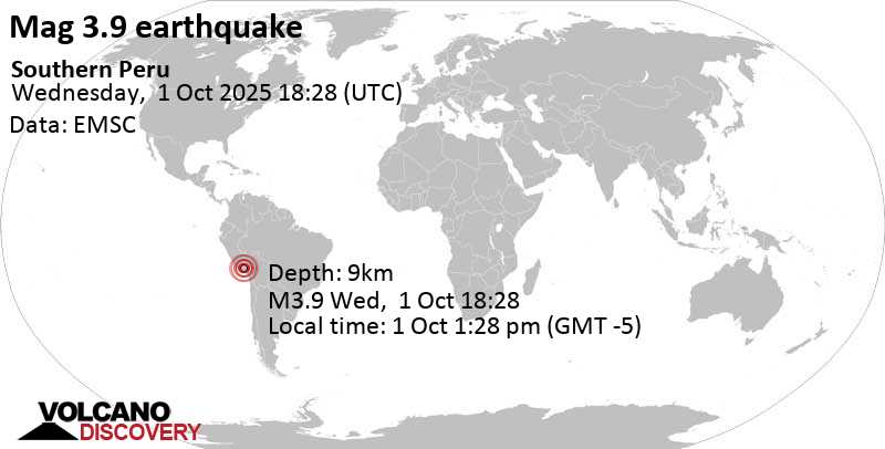 3.9 quake Southern Peru Oct 1, 2025 01:28 pm (Lima time)