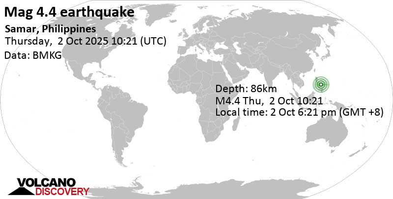 4.4 quake Samar, Philippines, Oct 2, 2025 06:21 pm (Manila time)