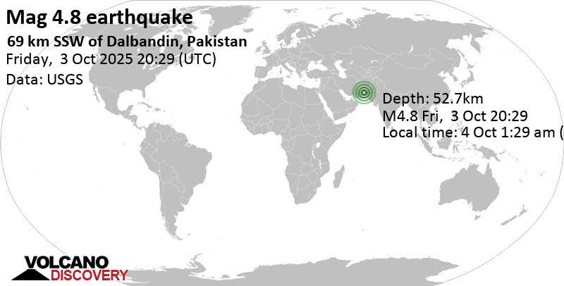 4.8 quake 69 km SSW of Dalbandin, Pakistan, Oct 4, 2025 01:29 am (Karachi time)