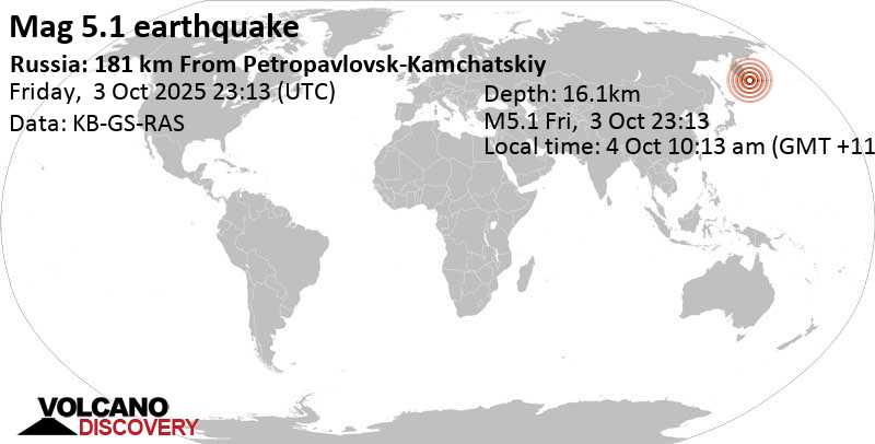 5.1 quake Russia: 181 km From Petropavlovsk-Kamchatskiy Oct 4, 2025 10:13 am (Kamchatka time)