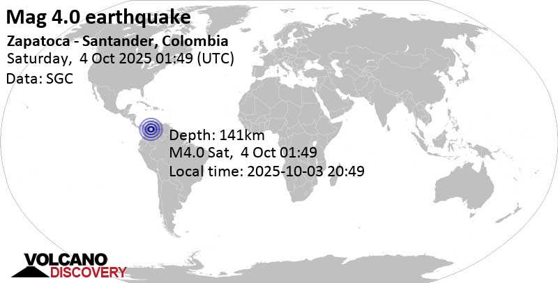 4.0 quake Zapatoca - Santander, Colombia, Oct 3, 2025 08:49 pm (Bogota time)