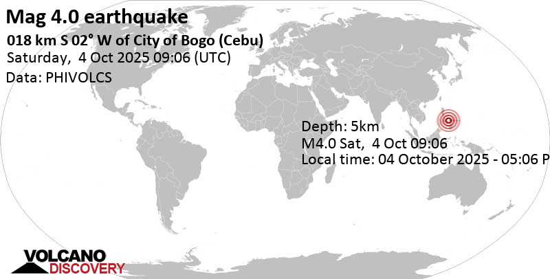 4.0 quake 018 km S 02° W of City of Bogo (Cebu) Oct 4, 2025 05:06 pm (Manila time)