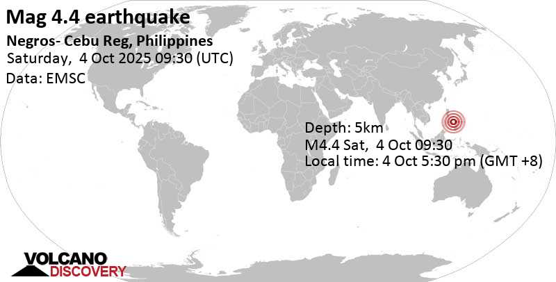 4.4 quake Negros- Cebu Reg, Philippines, Oct 4, 2025 05:30 pm (Manila time)