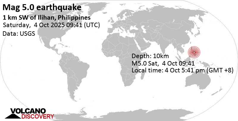 5.0 quake 1 km SW of Ilihan, Philippines, Oct 4, 2025 05:41 pm (GMT +8)