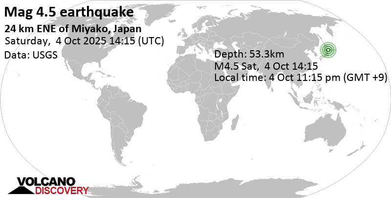 4.5 quake 24 km ENE of Miyako, Japan, Oct 4, 2025 11:15 pm (GMT +9)